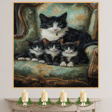Elegant Tuxedo Cat Family: Victorian Charm with Three Kittens on a European Sofa on Ready to Hang 1.5" Thick Canvas Wrap, Floating Framed Canvas, Flat Rolled Canvas