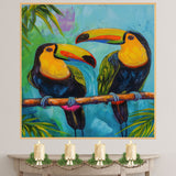 Vibrant Toucan Pair with Colorful Beaks on Tropical Branch Amid Palm Leaves and Bright Blue Jungle Sky Background in Lively Wildlife Art on Ready to Hang 1.5" Thick Canvas Wrap, Floating Framed Canvas, Flat Rolled Canvas
