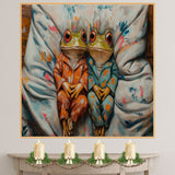 Whimsical Painting of Two Frogs in Colorful Pajamas Relaxing Side by Side on a Cozy Bed with Playful Expressions and a Textured Artistic Background on Ready to Hang 1.5" Thick Canvas Wrap, Floating Framed Canvas, Flat Rolled Canvas