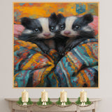 Whimsical Painting of Two Cute Skunks Wrapped in a Colorful Blanket with Sweet Expressions Perfect for Nursery Animal Lovers or Cozy Nature-Inspired Themes on Ready to Hang 1.5" Thick Canvas Wrap, Floating Framed Canvas, Flat Rolled Canvas