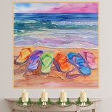 Watercolor Art of Six Vibrant Flip-Flops on Sandy Beach with Ocean Waves and Colorful Sunset Sky in Coastal Summer Style on Ready to Hang 1.5" Thick Canvas Wrap, Floating Framed Canvas, Flat Rolled Canvas
