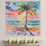 Watercolor of Palm Tree and Bicycle by Ocean Shore with Vibrant Sunset Sky on Ready to Hang 1.5" Thick Canvas Wrap, Floating Framed Canvas, Flat Rolled Canvas