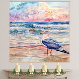 Serene Watercolor Painting of a Seagull by the Ocean with Gentle Waves and Colorful Sunset Sky in a Peaceful Beach Scene on Ready to Hang 1.5" Thick Canvas Wrap, Floating Framed Canvas, Flat Rolled Canvas