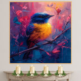 Striking Yellow and Blue Bird on Branch with Deep Red and Purple Abstract Background on Ready to Hang 1.5" Thick Canvas Wrap, Floating Framed Canvas, Flat Rolled Canvas