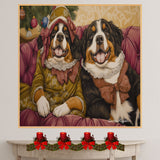 Christmas Canvas  - ÒBernese EleganceÓ - Sophisticated Bernese Mountain Dogs Lounging on a Vintage Red Ornate Sofa on Ready to Hang 1.5" Thick Canvas Wrap, Floating Framed Canvas, Flat Rolled Canvas