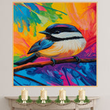 Bold Chickadee Bird with Blue and Yellow Plumage on Branch Against Abstract Rainbow Background on Ready to Hang 1.5" Thick Canvas Wrap, Floating Framed Canvas, Flat Rolled Canvas
