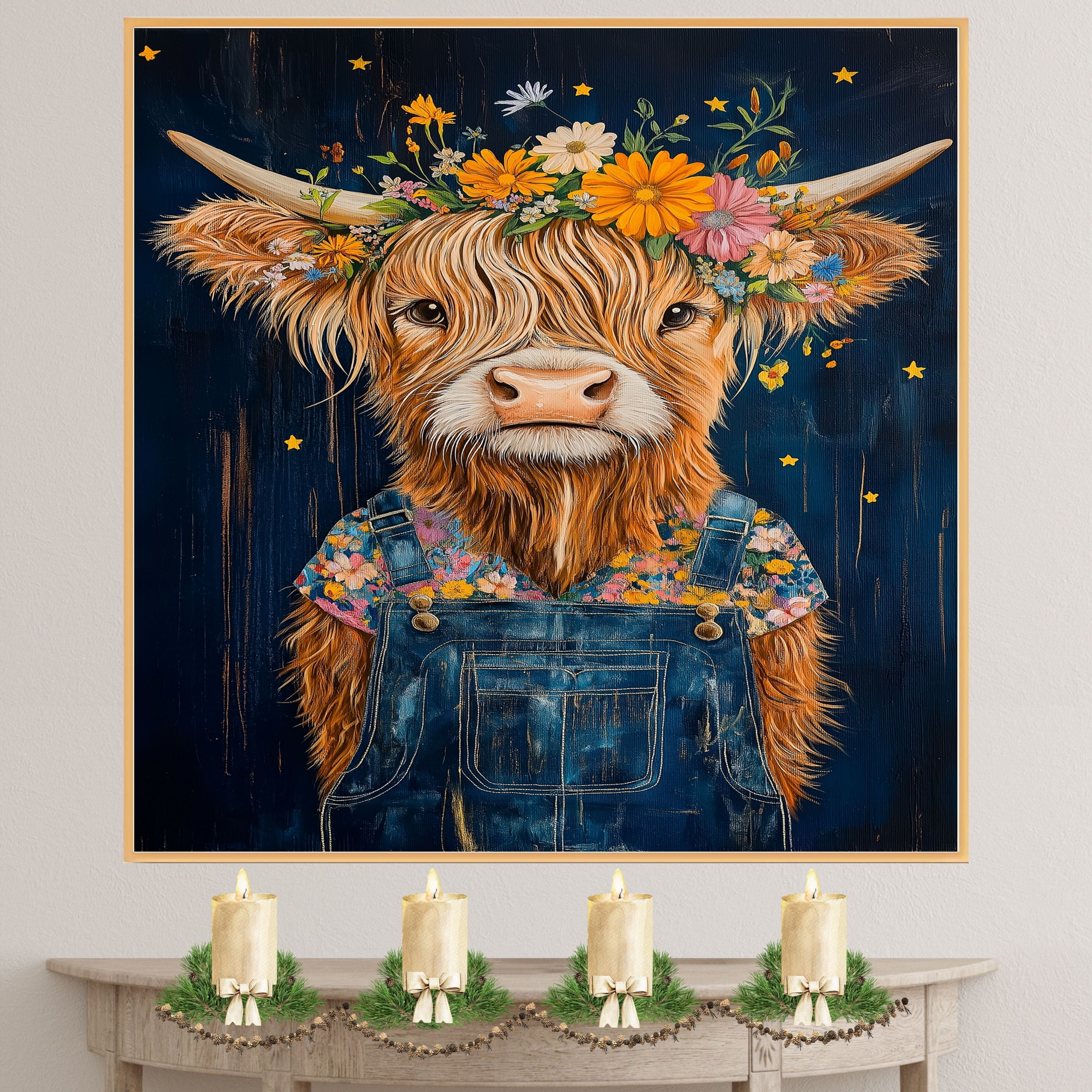 Happy Highland Cow in Overalls with Flower Crown Whimsical Hand Painted Floral Art Rustic Wall Decor for Farmhouse Kids Room Bedroom or Gift for Cow Lovers on Ready to Hang 1.5" Thick Canvas Wrap, Floating Framed Canvas, Flat Rolled Canvas