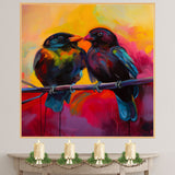 Two Vibrant Black Birds Sitting on a Branch with Bold Neon Colors and Dramatic Yellow and Red Background Capturing a Lively and Expressive Moment in Nature on Ready to Hang 1.5" Thick Canvas Wrap, Floating Framed Canvas, Flat Rolled Canvas