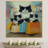 Chic Shopping Spree: Tuxedo Cat Mom Carrying Four Kittens in Paper Bags on Ready to Hang 1.5" Thick Canvas Wrap, Floating Framed Canvas, Flat Rolled Canvas