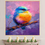 Color-Drenched Baby Bird Perched on a Branch with Deep Blues Vivid Yellows and Radiant Pinks for Nature Inspired Art and Whimsy Wall Aesthetics on Ready to Hang 1.5" Thick Canvas Wrap, Floating Framed Canvas, Flat Rolled Canvas