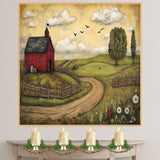 Country Farm Folk Art Print Featuring Red Barn and Rolling Hills Hand Drawn Rustic Landscape Illustration for Cozy Home Wall Decor or Unique Gift Idea on Ready to Hang 1.5" Thick Canvas Wrap, Floating Framed Canvas, Flat Rolled Canvas