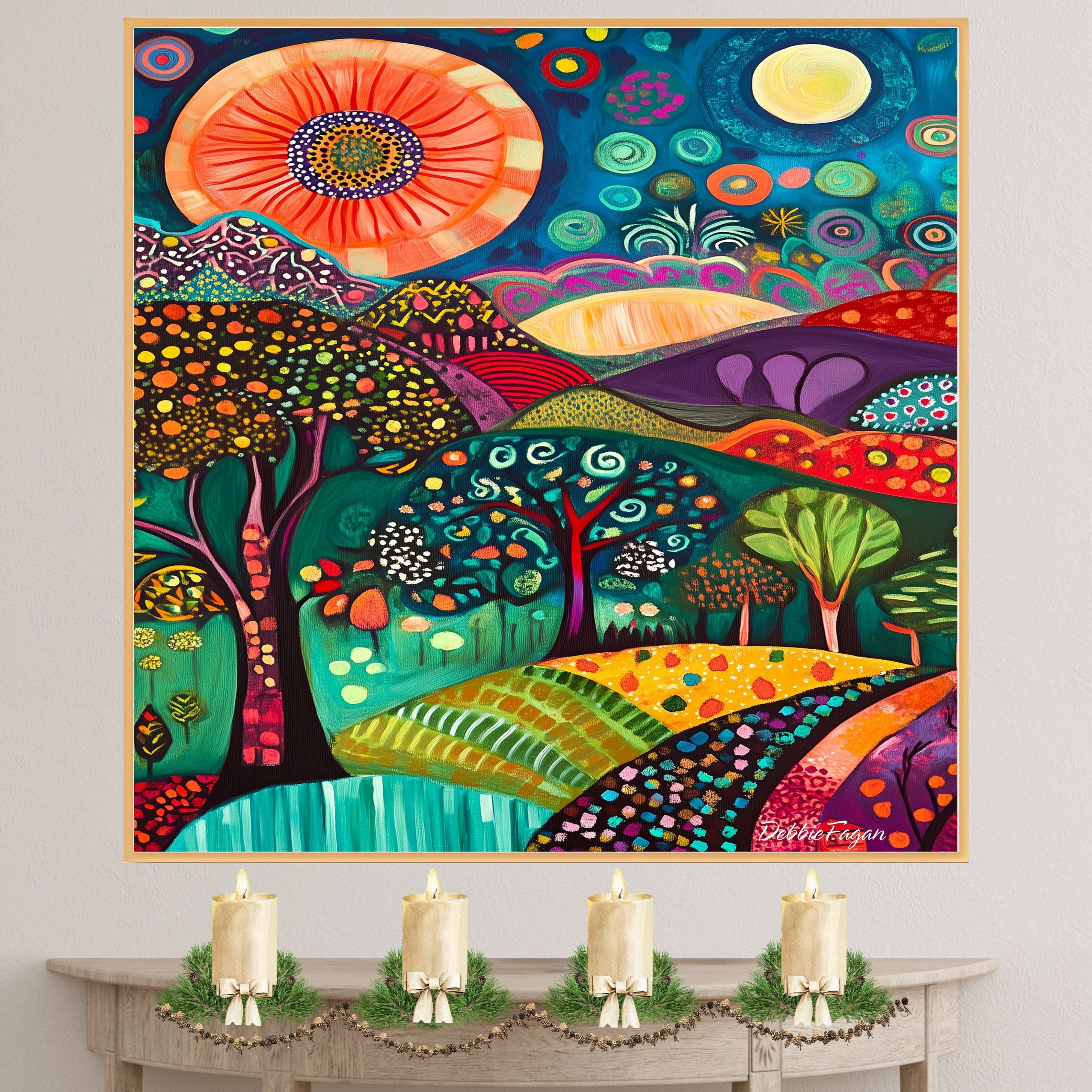 Vibrant Folk Art Landscape Canvas – Colorful Trees, Hills, and Sunbursts in Whimsical Abstract Style on Ready to Hang 1.5" Thick Canvas Wrap, Floating Framed Canvas, Flat Rolled Canvas