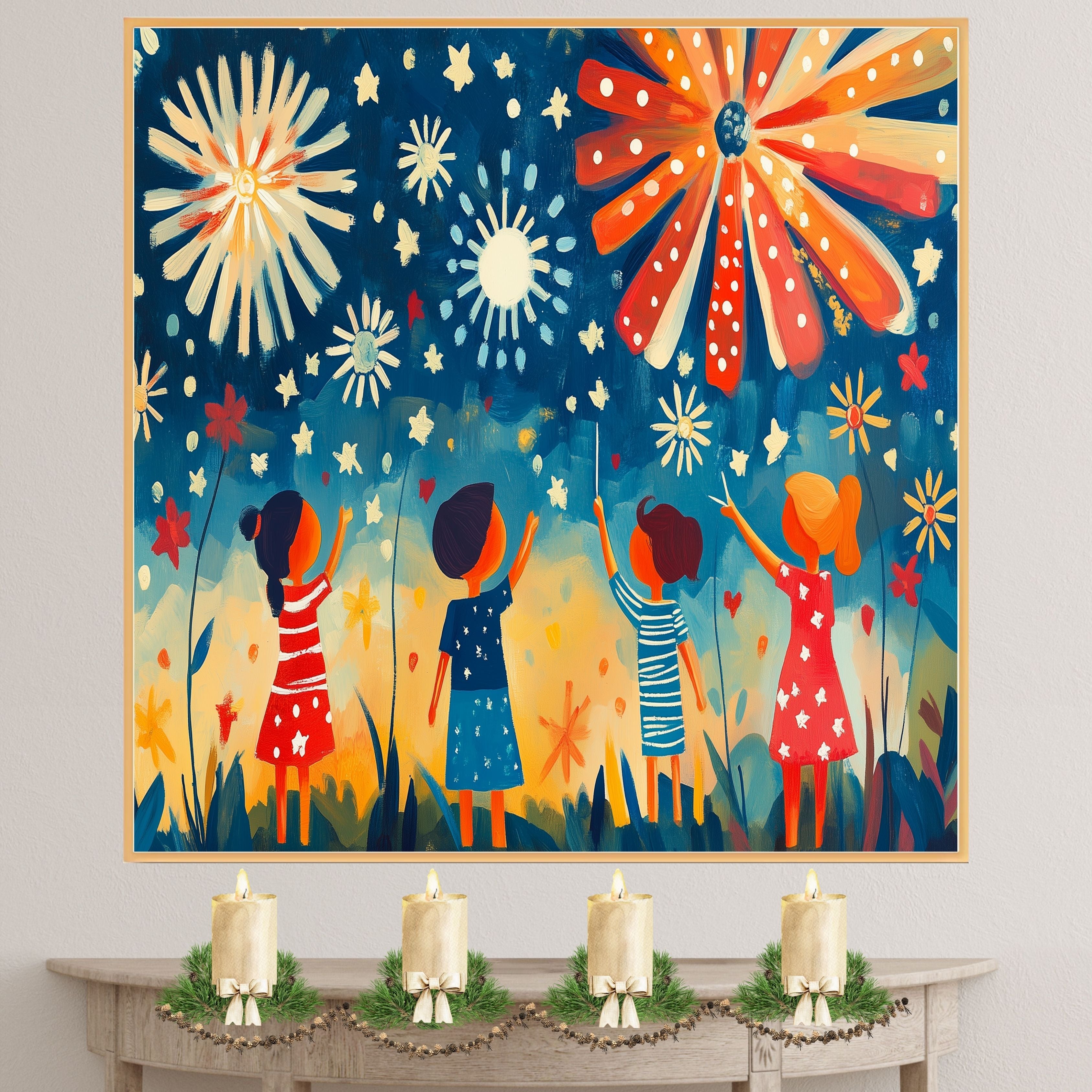 Whimsical Folk Art of Children Watching Fireworks on 4th of July Night, Playful Patriotic Scene with Stars, Bursts of Color, and Red, White, and Blue Outfits on Ready to Hang 1.5" Thick Canvas Wrap, Floating Framed Canvas, Flat Rolled Canvas