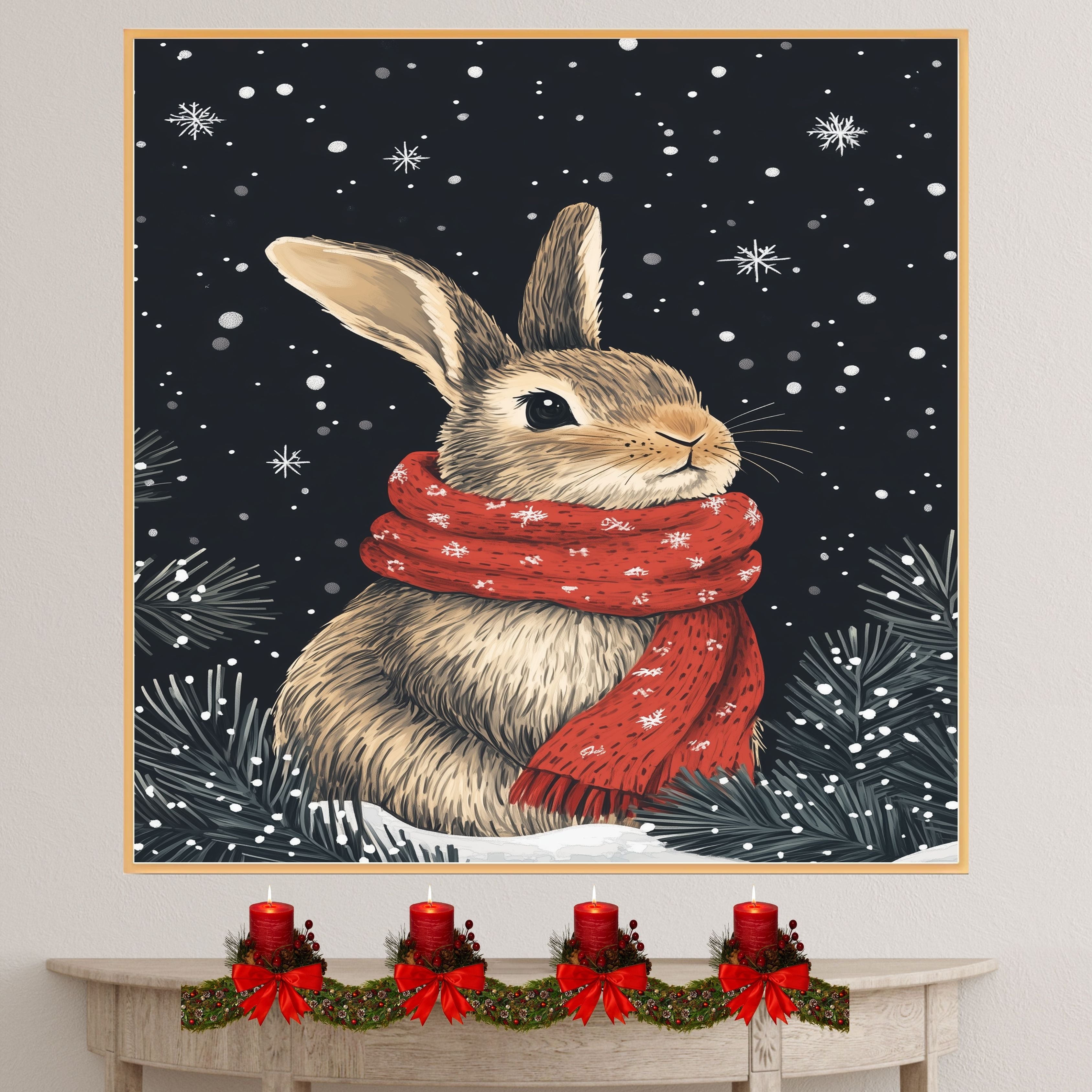 "Winter Wonderland Bunny" - Bunny in Red Scarf Sitting in Snow on Ready to Hang 1.5" Thick Canvas Wrap, Floating Framed Canvas, Flat Rolled Canvas