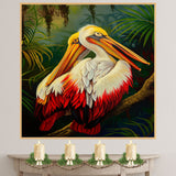 Pair of White and Red Pelicans with Golden Beaks Resting on a Jungle Branch Surrounded by Lush Tropical Foliage in a Vibrant Rainforest Setting on Ready to Hang 1.5" Thick Canvas Wrap, Floating Framed Canvas, Flat Rolled Canvas