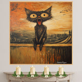 Expressive Black Cat Screaming on Canvas – Whimsical Sunset Painting with Bold Artistic Flair on Ready to Hang 1.5" Thick Canvas Wrap, Floating Framed Canvas, Flat Rolled Canvas