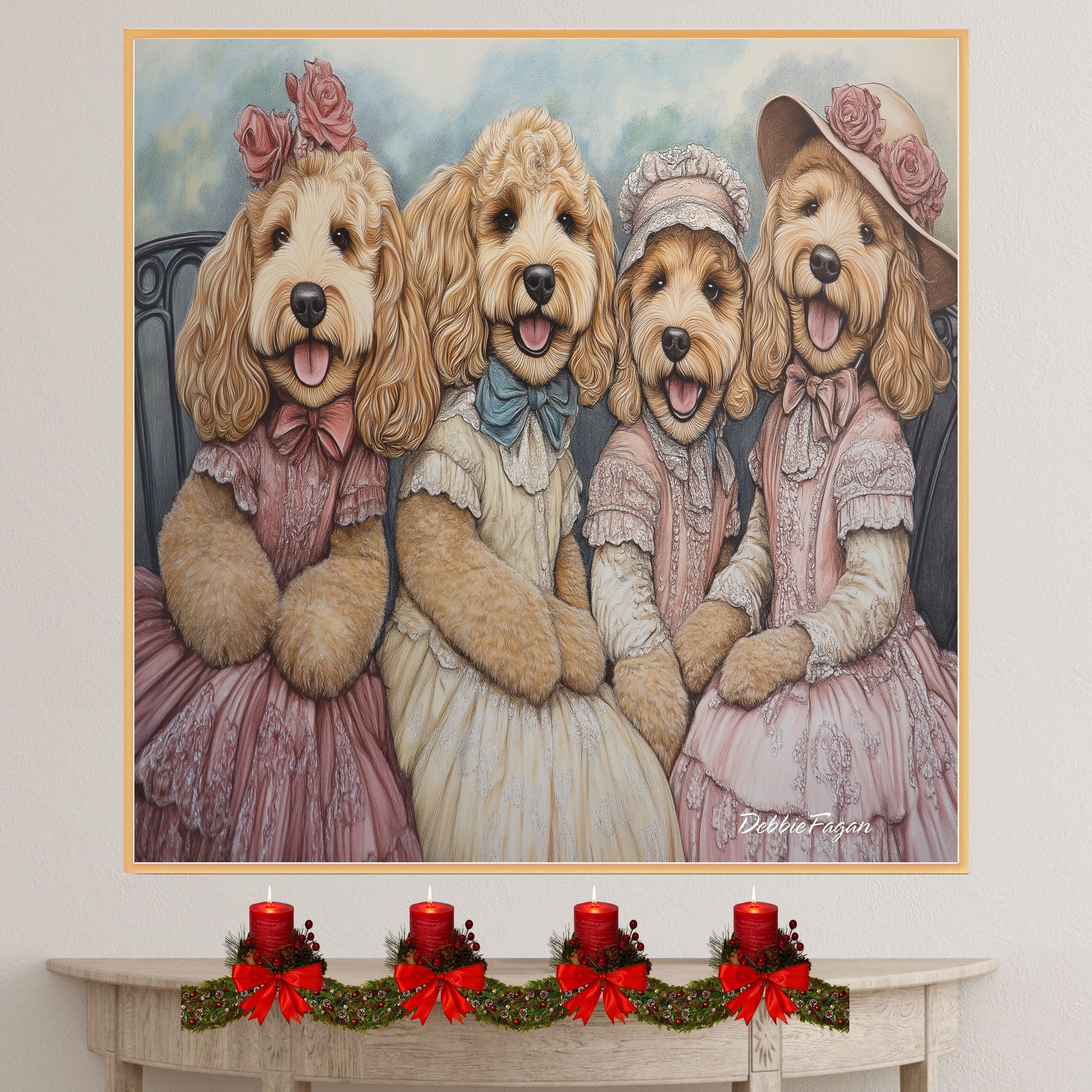 Dog Christmas Canvas  - "Victorian Doodle Charm" - Adorable Goldendoodles Dressed in Elegant Victorian Attire on Ready to Hang 1.5" Thick Canvas Wrap, Floating Framed Canvas, Flat Rolled Canvas