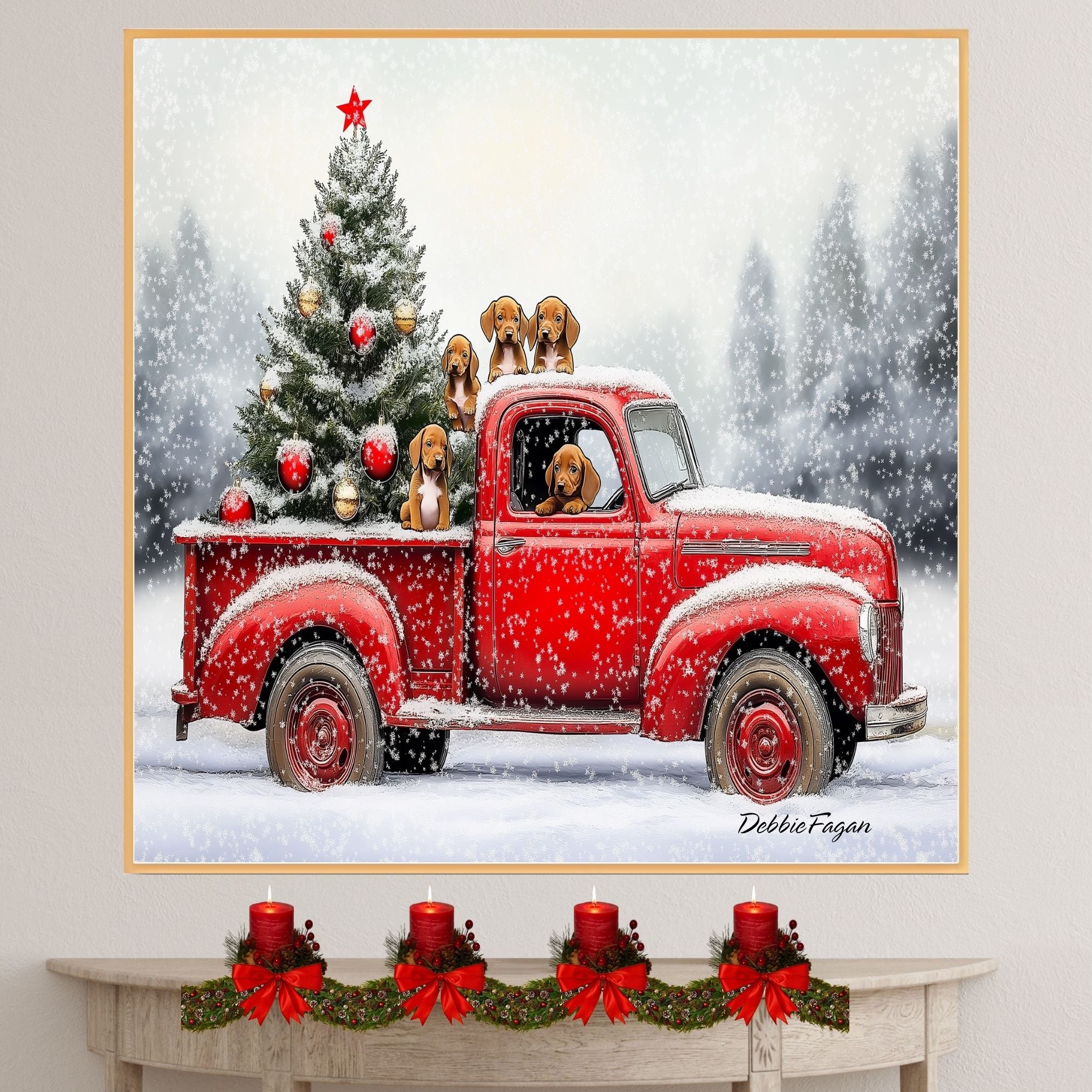 Vizsla Christmas Canvas - "Holiday Journey with Vizslas" - Puppies in a Festive Red Truck Canvas on Ready to Hang 1.5" Thick Canvas Wrap, Floating Framed Canvas, Flat Rolled Canvas