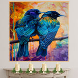 Vibrant Bird Pair Artwork Featuring Deep Blue and Teal Feathers with Hints of Gold on a Branch Against a Bold Abstract Background in Fiery Warm and Cool Tones on Ready to Hang 1.5" Thick Canvas Wrap, Floating Framed Canvas, Flat Rolled Canvas