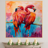 Elegant Flamingo Pair Artwork Featuring Shades of Pink Red and Orange Feathers Standing on One Leg Against a Colorful Abstract Background of Soft Pastels on Ready to Hang 1.5" Thick Canvas Wrap, Floating Framed Canvas, Flat Rolled Canvas