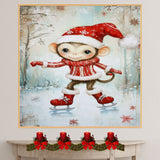 Whimsical Christmas Monkey Ice Skating in Red Santa Hat and Cozy Sweater – Playful Holiday Animal Art for Nursery Decor, Seasonal Gifts, or Winter Cheer on Ready to Hang 1.5" Thick Canvas Wrap, Floating Framed Canvas, Flat Rolled Canvas