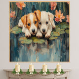 Two Adorable Puppies Lying on Lily Pads in a Pond Surrounded by Colorful Flowers, Impressionist Style Painting Full of Charm, Nature, and Tranquility on Ready to Hang 1.5" Thick Canvas Wrap, Floating Framed Canvas, Flat Rolled Canvas