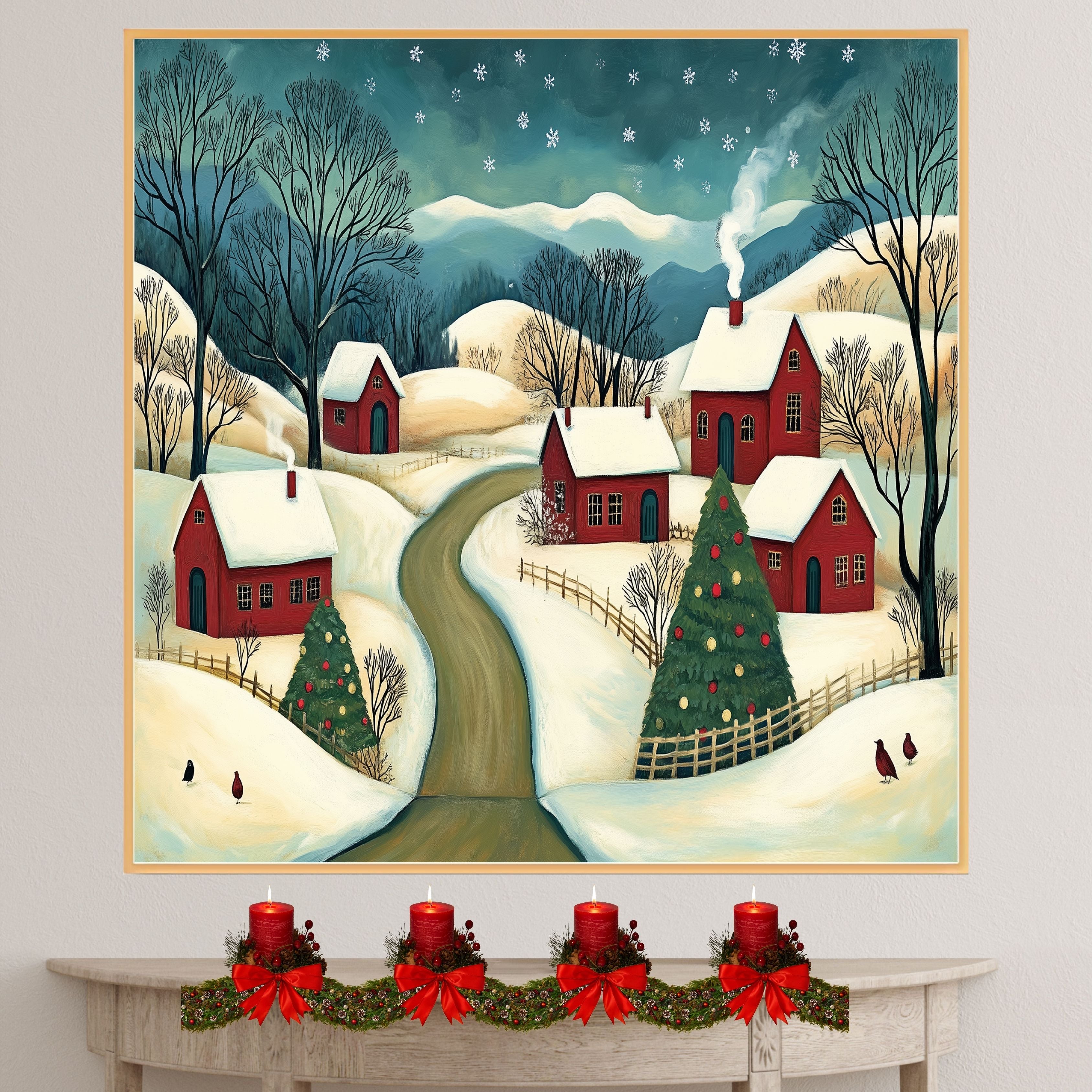 Christmas Folk Art Canvas Wall Art – Snowy Winter Scene with Red Houses, Decorated Tree & Rolling Hills – Rustic Holiday Home Décor Print on Ready to Hang 1.5" Thick Canvas Wrap, Floating Framed Canvas, Flat Rolled Canvas