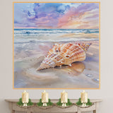 Watercolor Painting of a Multicolored Conch Shell on the Shore with Ocean Waves and Pastel Sunset Sky on Ready to Hang 1.5" Thick Canvas Wrap, Floating Framed Canvas, Flat Rolled Canvas