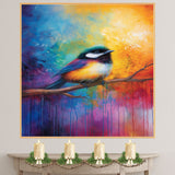 Colorful Chickadee on a Branch with Rainbow Background and Expressive Brush Strokes on Ready to Hang 1.5" Thick Canvas Wrap, Floating Framed Canvas, Flat Rolled Canvas