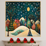 Christmas Village with Colorful Houses, Decorated Trees, and Reindeer Beneath a Starry Snowy Winter Night Sky on Ready to Hang 1.5" Thick Canvas Wrap, Floating Framed Canvas, Flat Rolled Canvas