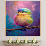 Expressive Portrait of a Colorful Baby Bird on Branch in Abstract Blue and Pink Brushstrokes for Modern Art Lovers and Bold Room Statements on Ready to Hang 1.5" Thick Canvas Wrap, Floating Framed Canvas, Flat Rolled Canvas