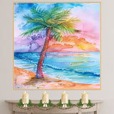 Tropical Palm Tree and Ocean Waves Watercolor Painting with Sunset Sky on Ready to Hang 1.5" Thick Canvas Wrap, Floating Framed Canvas, Flat Rolled Canvas