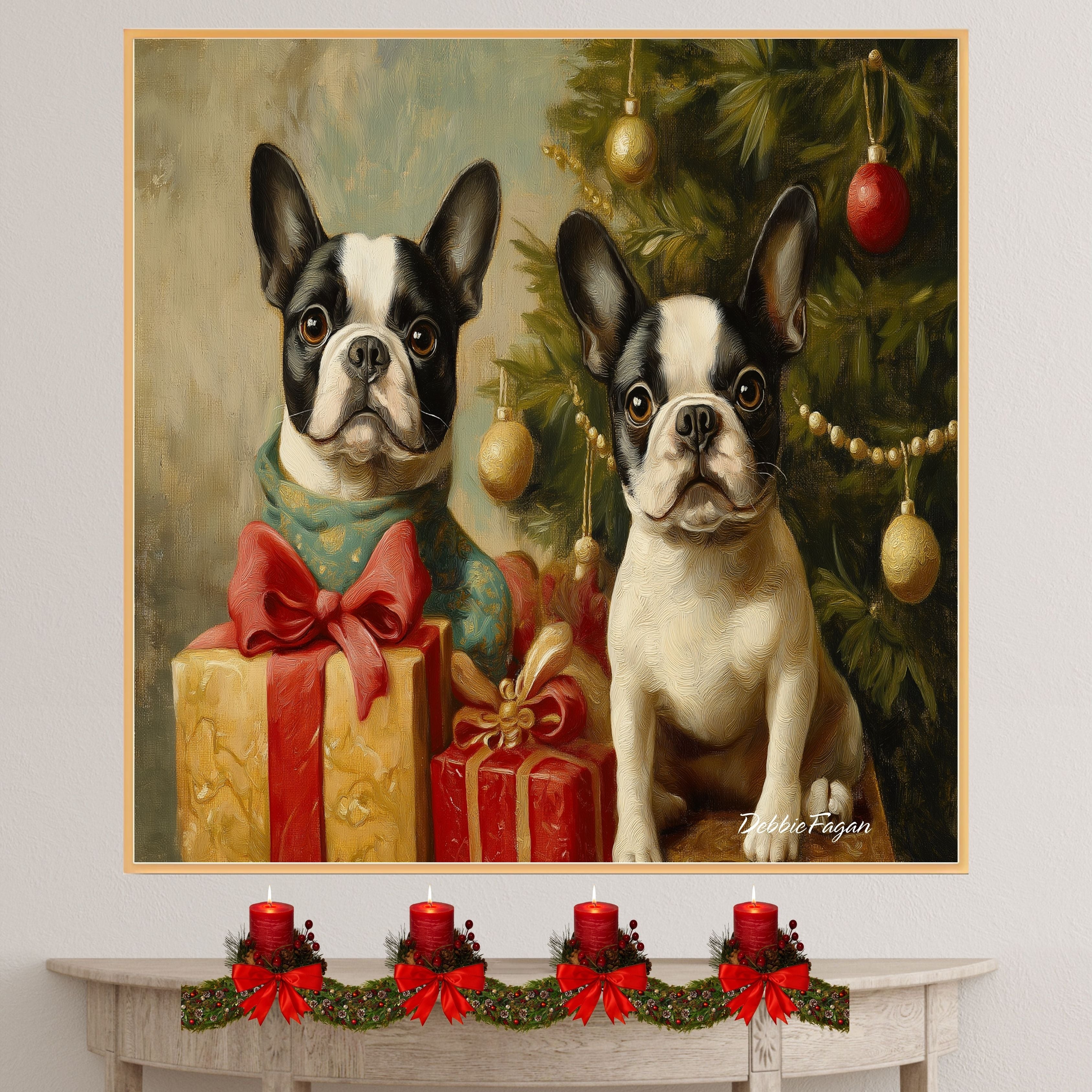 Christmas Canvas  - "Frenchie Festive Cheer" - French Bulldogs with Vintage Christmas Tree and Presents on Ready to Hang 1.5" Thick Canvas Wrap, Floating Framed Canvas, Flat Rolled Canvas