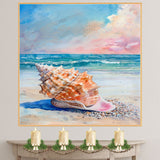 Watercolor Painting of a Large Orange Seashell on Sandy Beach with Ocean Waves and Colorful Sky at Sunset on Ready to Hang 1.5" Thick Canvas Wrap, Floating Framed Canvas, Flat Rolled Canvas