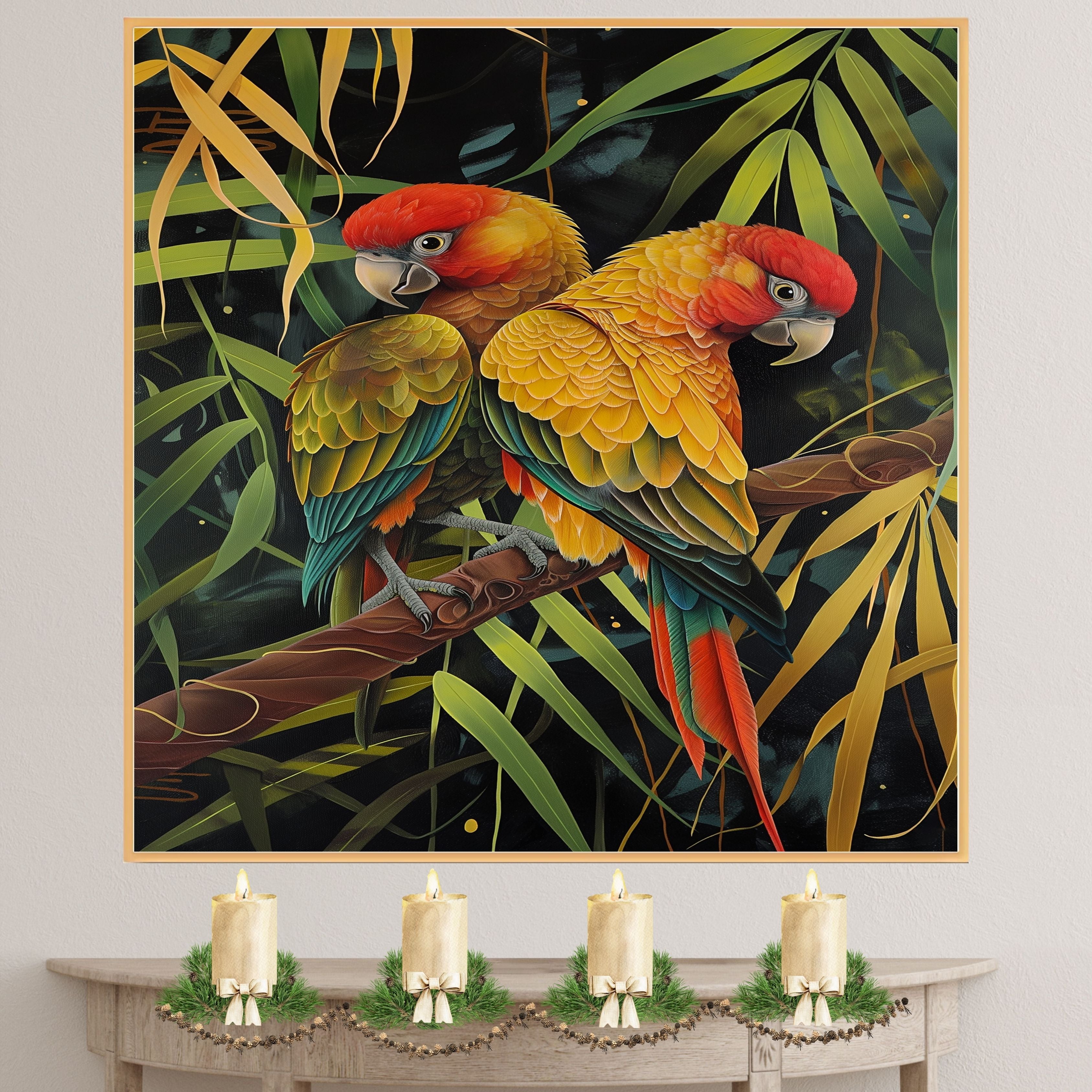 Jungle Parrot Pair Artwork Featuring Red and Yellow Feathers with Green Wings Perched on a Branch in a Lush Tropical Setting with Stylized Foliage on Ready to Hang 1.5" Thick Canvas Wrap, Floating Framed Canvas, Flat Rolled Canvas