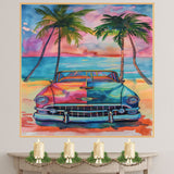 Watercolor Painting of Retro Car on Tropical Beach at Sunset with Palm Trees and Ocean Horizon on Ready to Hang 1.5" Thick Canvas Wrap, Floating Framed Canvas, Flat Rolled Canvas