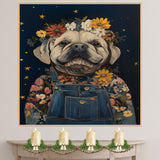 Bulldog Wall Art Cute Dog in Floral Crown and Overalls Farmhouse Nursery Decor Adorable Dog Lovers Gift Whimsical Bedroom Cottagecore Country Wall Art on Ready to Hang 1.5" Thick Canvas Wrap, Floating Framed Canvas, Flat Rolled Canvas