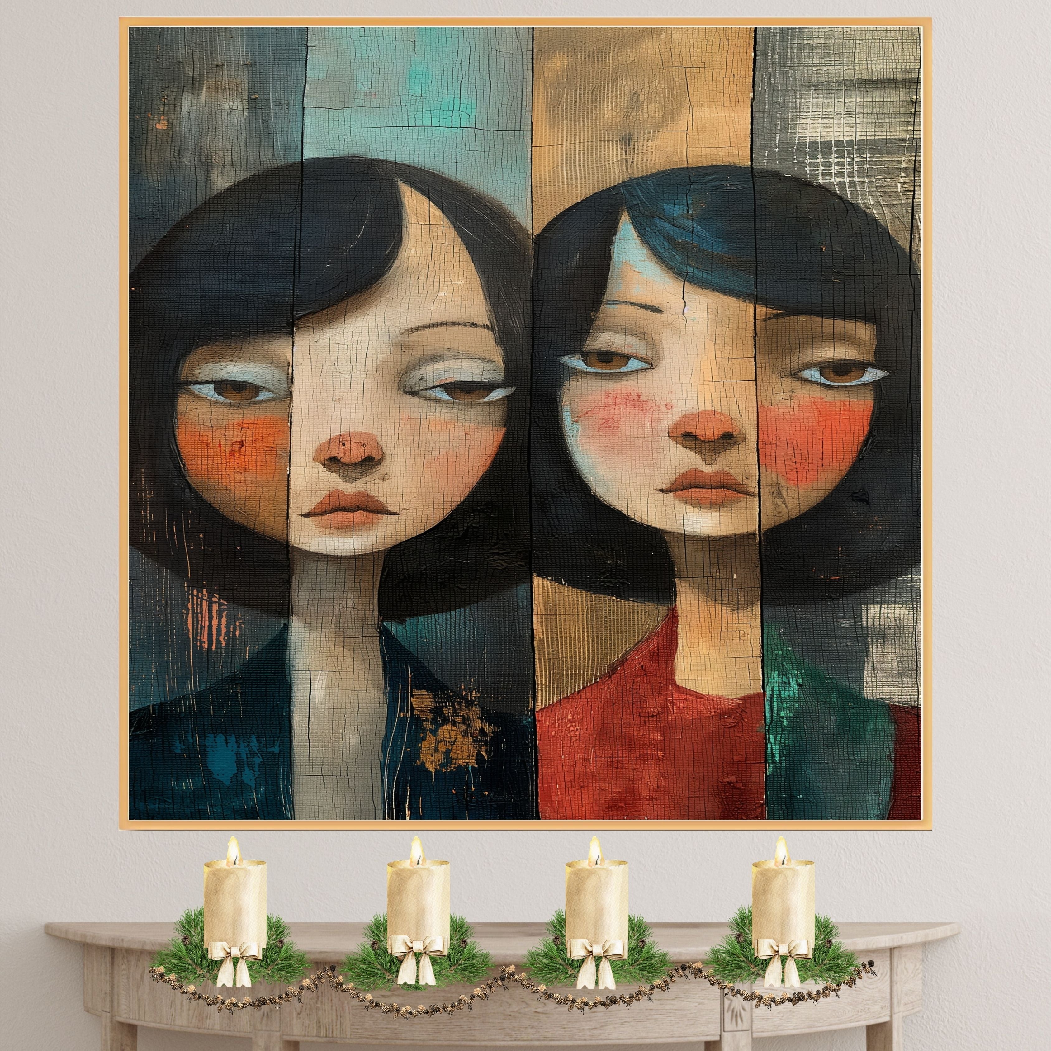 Moody Portrait of Two Girls Expressive Hand Painted Art Rustic Wood Texture Emotional and Thoughtful Wall Decor Perfect for Home Living Room or Office on Ready to Hang 1.5" Thick Canvas Wrap, Floating Framed Canvas, Flat Rolled Canvas
