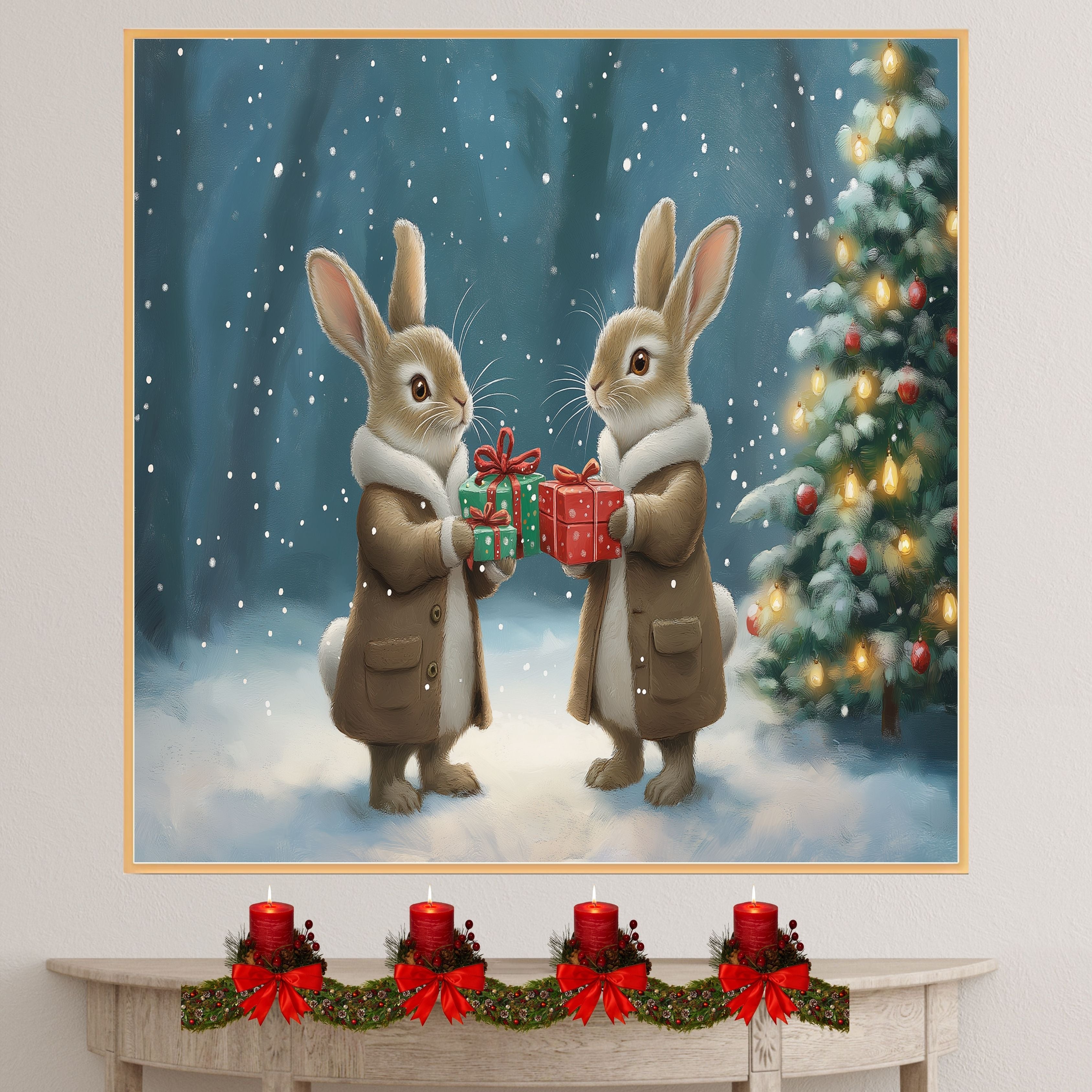 "Enchanted Forest Cheer: Bunnies Exchanging Gifts" Ð Cozy Winter Scene on Ready to Hang 1.5" Thick Canvas Wrap, Floating Framed Canvas, Flat Rolled Canvas