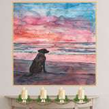 Watercolor Painting of a Black Dog Sitting on the Beach Watching a Vibrant Pink and Blue Ocean Sunset on Ready to Hang 1.5" Thick Canvas Wrap, Floating Framed Canvas, Flat Rolled Canvas