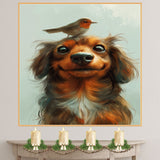 Cute Long-Haired Dachshund with Red-Breasted Bird on Head Whimsical Animal Illustration for Kids Room or Nursery Art Print for Dog and Bird Lovers on Ready to Hang 1.5" Thick Canvas Wrap, Floating Framed Canvas, Flat Rolled Canvas