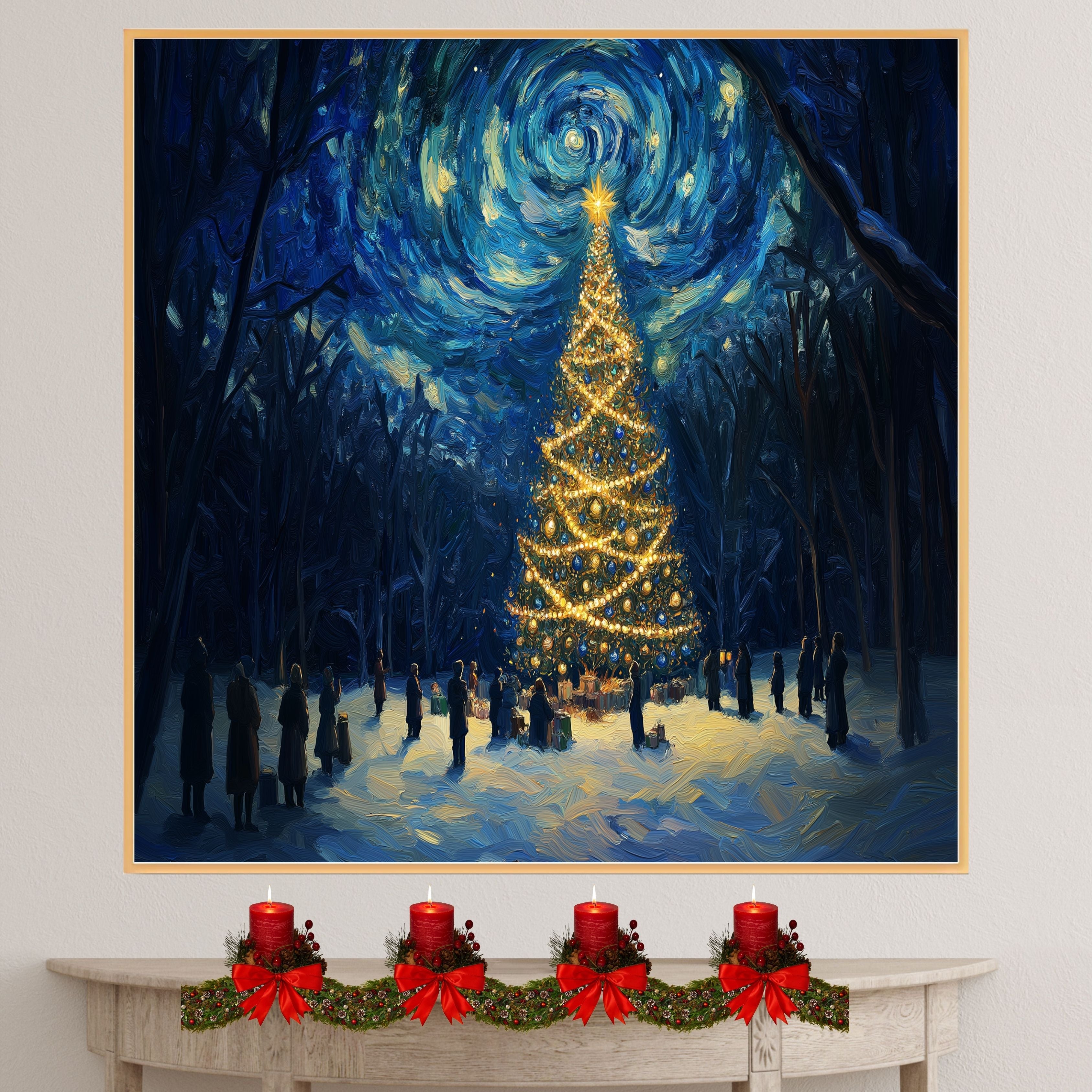 Magical Christmas Scene with Glowing Tree and Swirling Starry Sky, Winter Night Celebration with People in a Snowy Forest Surrounded by Gifts and Light on Ready to Hang 1.5" Thick Canvas Wrap, Floating Framed Canvas, Flat Rolled Canvas