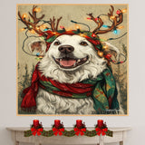 Holiday Joy - 'Winter Wonderland' - Dog with Christmas Lights & Scarf on Rustic Canvas, Ready to Hang 1.5" Thick Canvas Wrap, Floating Framed Canvas, Flat Rolled Canvas