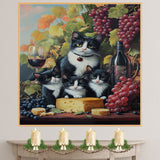 Vineyard Feast: Tuxedo Mom and Three Kittens with Wine, Grapes, and Cheese on Ready to Hang 1.5" Thick Canvas Wrap, Floating Framed Canvas, Flat Rolled Canvas