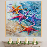 Watercolor Painting of Multicolored Starfish on the Shoreline with Splashing Ocean Waves on Ready to Hang 1.5" Thick Canvas Wrap, Floating Framed Canvas, Flat Rolled Canvas