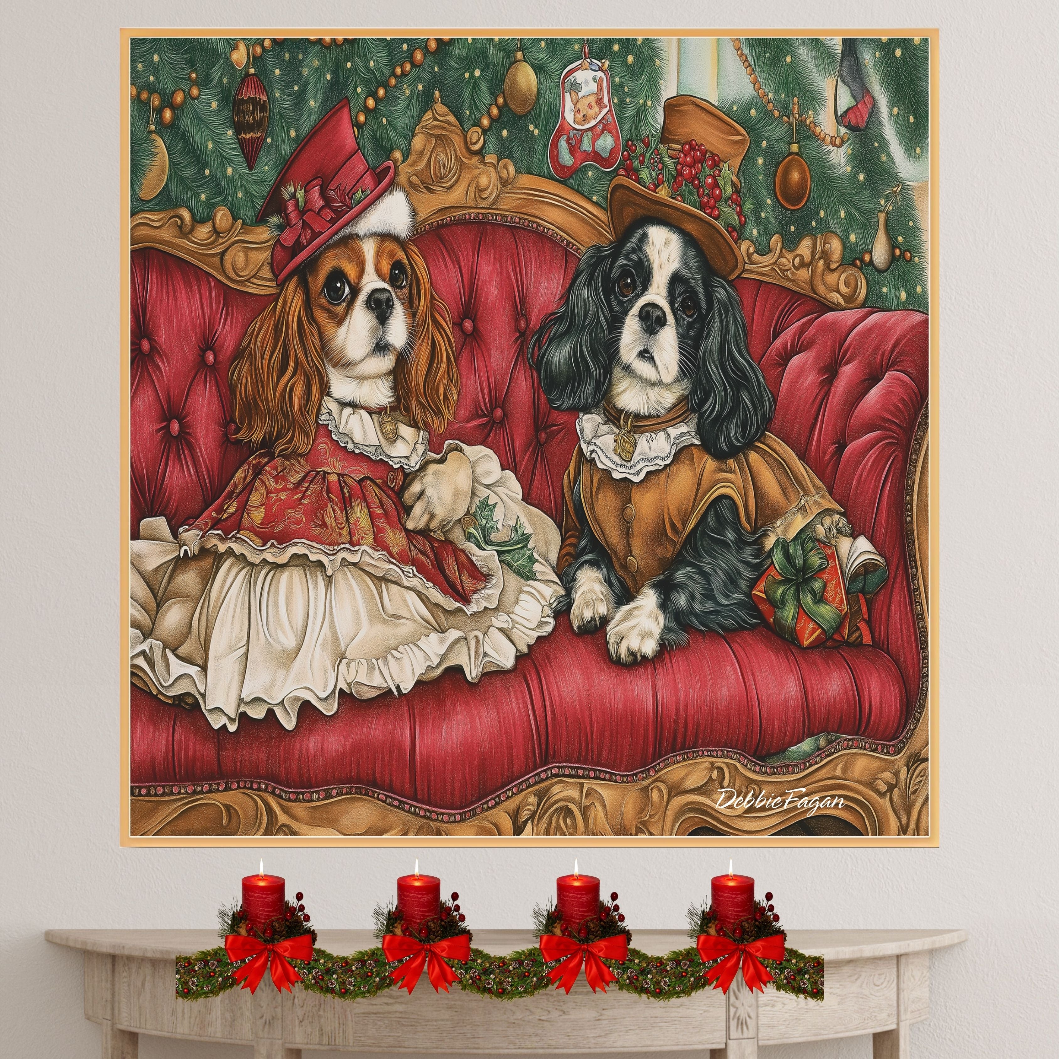 ÒRoyal CompanionsÓ - Cavalier King Charles Spaniels Dressed in Elegant Victorian Attire on Cozy Couch on Ready to Hang 1.5" Thick Canvas Wrap, Floating Framed Canvas, Flat Rolled Canvas