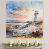Majestic Lighthouse Overlooking Ocean Waves at Sunset with Soaring Seagulls in Tranquil Coastal Watercolor Scene on Ready to Hang 1.5" Thick Canvas Wrap, Floating Framed Canvas, Flat Rolled Canvas