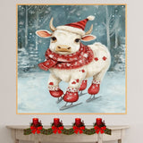 Whimsical Christmas Cow Ice Skating in Festive Scarf and Hat Cute Winter Holiday Farm Animal Art for Country Christmas Decor and Seasonal Cheer on Ready to Hang 1.5" Thick Canvas Wrap, Floating Framed Canvas, Flat Rolled Canvas
