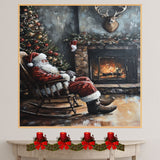 Santa Claus Relaxing in Rocking Chair by Fireplace, Vintage Christmas Scene with Tree, Garland, Stocking and Mounted Deer in Rustic Holiday Setting on Ready to Hang 1.5" Thick Canvas Wrap, Floating Framed Canvas, Flat Rolled Canvas