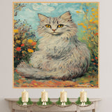 Van Gogh Style Fluffy Cat Canvas Art – Longhaired Feline in a Blooming Garden with Textured Brushwork on Ready to Hang 1.5" Thick Canvas Wrap, Floating Framed Canvas, Flat Rolled Canvas